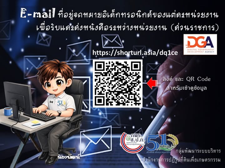 title - E-mail ที่อยู่จดหมายอิเล็กทรอนิกส์ของแต่ละหน่วยงาน เพื่อรับและส่งหนังสือระหว่างหน่วยงาน (ส่วนราชการ) รายละเอียดข้อมูล ตามลิงค์ https://shorturl.asia/dq1ce  และใน QR Code (ตามพระราชบัญญัติการปฏิบัติราชการทางอิเล็กทรอนิกส์ พ.ศ. 2565 ในมาตรา 10 วรรคหนึ่ง)