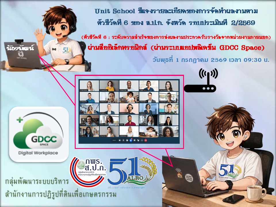 Unit School ชี้แจงรายละเอียดของการจัดทำผลงานตามตัวชี้วัดที่ 6 ของ ส.ป.ก. จังหวัด รอบประเมินที่ 2/2569 ผ่านสื่ออิเล็กทรอนิกส์ (ผ่านระบบแอปพลิเคชั่น GDCC Space) (ข่าวแชร์)