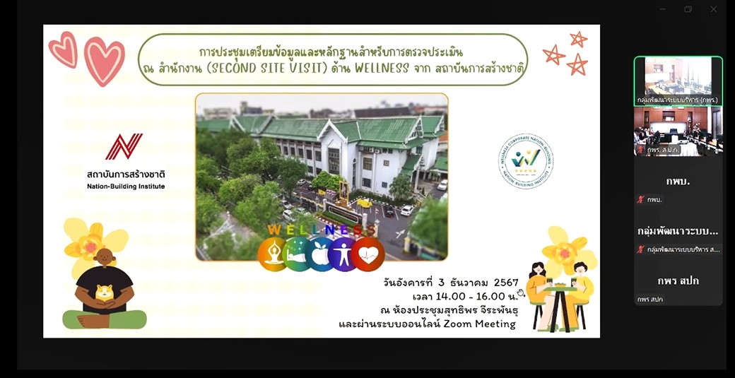 ประชุมเข้าร่วมรับฟังการชี้แจงรายละเอียดโครงการการพัฒนาสุขภาพขององค์กรเพื่อการสร้างชาติ (Weliness Corporate Nation-Buliding) จากสถาบันการสร้างชาติ (สกสช.) พร้อมกับประชุมผ่านระบบออนไลน์ (ข่าวแชร์)