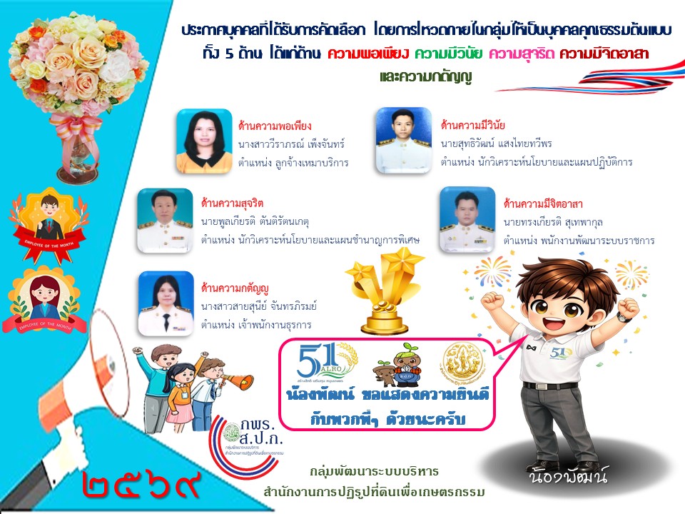 กลุ่มพัฒนาระบบบริหาร ส.ป.ก. จัดประกาศยกย่องเชิดชูบุคลากรภายในกลุ่ม เป็นบุคคลคุณธรรมต้นแบบ ประจำปีงบประมาณ พ.ศ. 2569