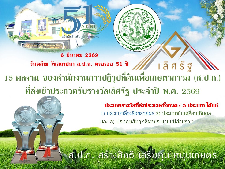 15 ผลงาน กับการส่งเข้าประกวดรับรางวัลเลิศรัฐ ประจำปี พ.ศ. 2569 ของสำนักงานการปฏิรูปที่ดินเพื่อเกษตรกรรม (ส.ป.ก.)