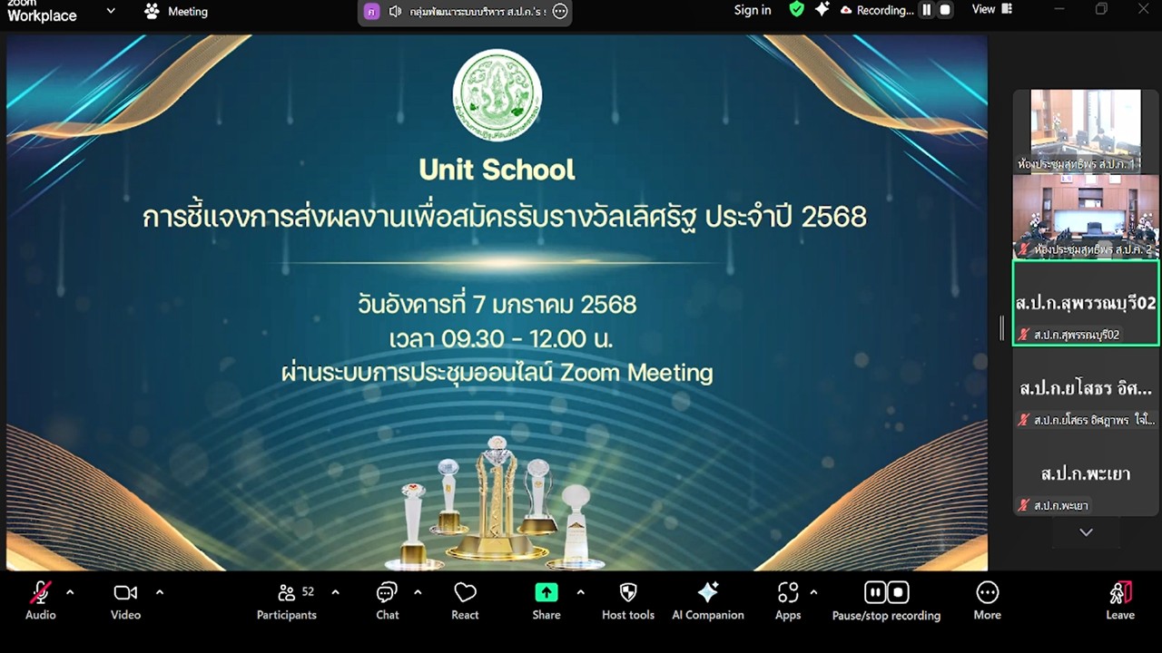 จัดการประชุม Unit School ชี้แจงแนวทางการสมัครและหลักเกณฑ์การพิจารณารางวัลเลิศรัฐ ประจำปี 2568  ผ่านการประชุมระบบออนไลน์ Zoom Meeting (ข่าวแชร์)