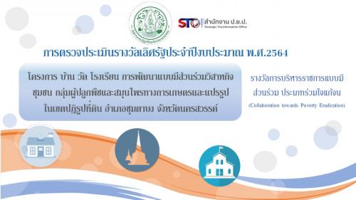 สำนักงาน ป.ย.ป.. เข้าร่วมการตรวจประเมินรางวัลเลิศรัฐ สาขาการบริหารราชการแบบมีส่วนร่วม ประเภทร่วมใจแก้จน ประจำปี พ.ศ. 2564 ขั้นตอนที่ 2 (การตรวจประเมิน ณ พื้นที่ปฏิบัติงาน) ผ่านVDO Conference) ผ่านระบบออนไลน์ Zoom Meeting กับทาง ส.ป.ก.
