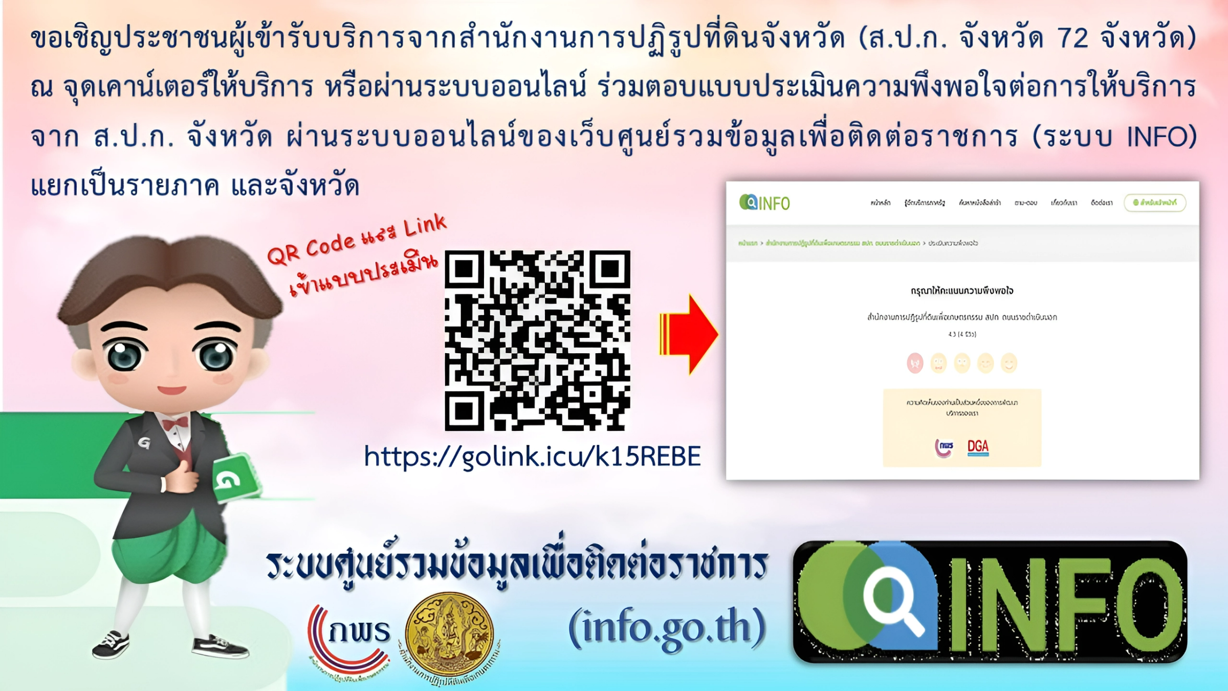 ประเเมินความพึงพอใจผ่านระบบออนไลน์ของเว็บศูนย์รวมข้อมูลเพื่อติดต่อราชการ (ระบบ INFO)  แยกเป็นรายภาค และจังหวัด 