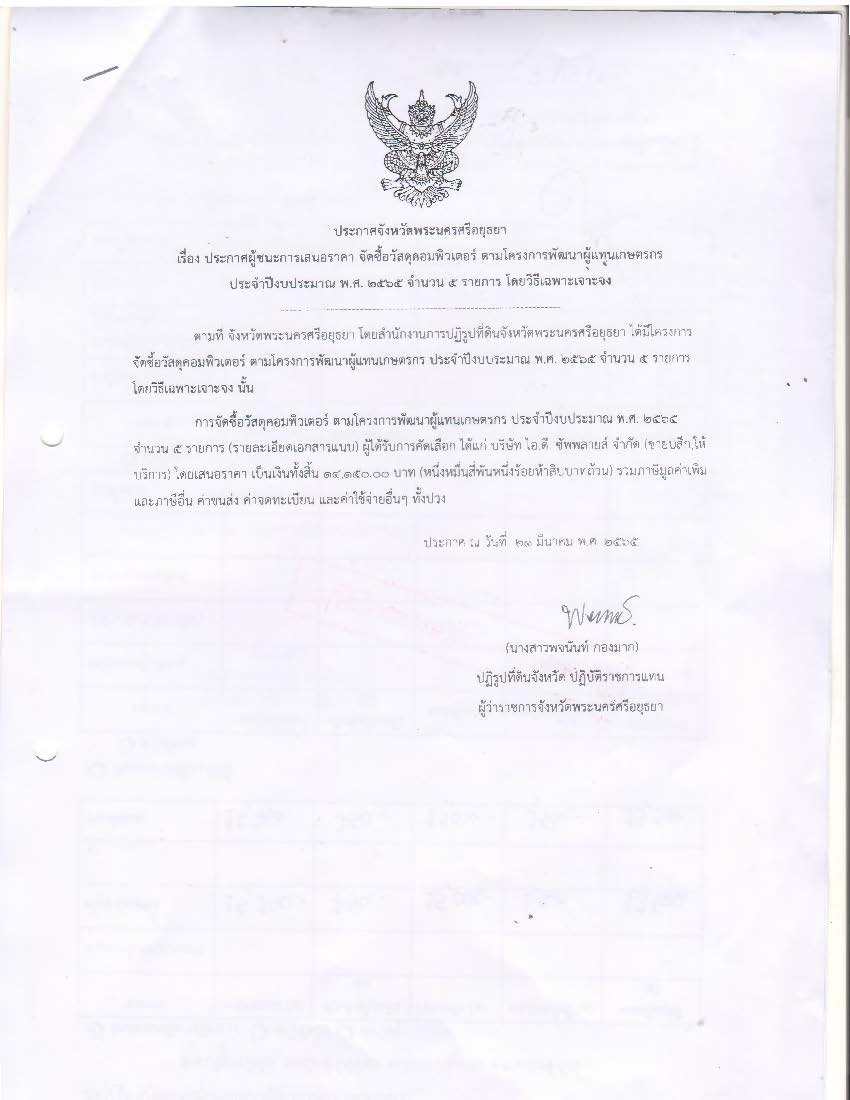 ประกาศจังหวัดพระนครศรีอยุธยา เรื่อง ประกาศผู้ชนะการเสนอราคา จัดซื้อวัสดุคอมพิวเตอร์ ตามโครงการพัฒนาผู้แทนเกษตรกร ประจำปีงบประมาณ พ.ศ.2565 จำนวน 5 รายการ  โดยวิธีเฉพาะเจาะจง (ข่าวแชร์)