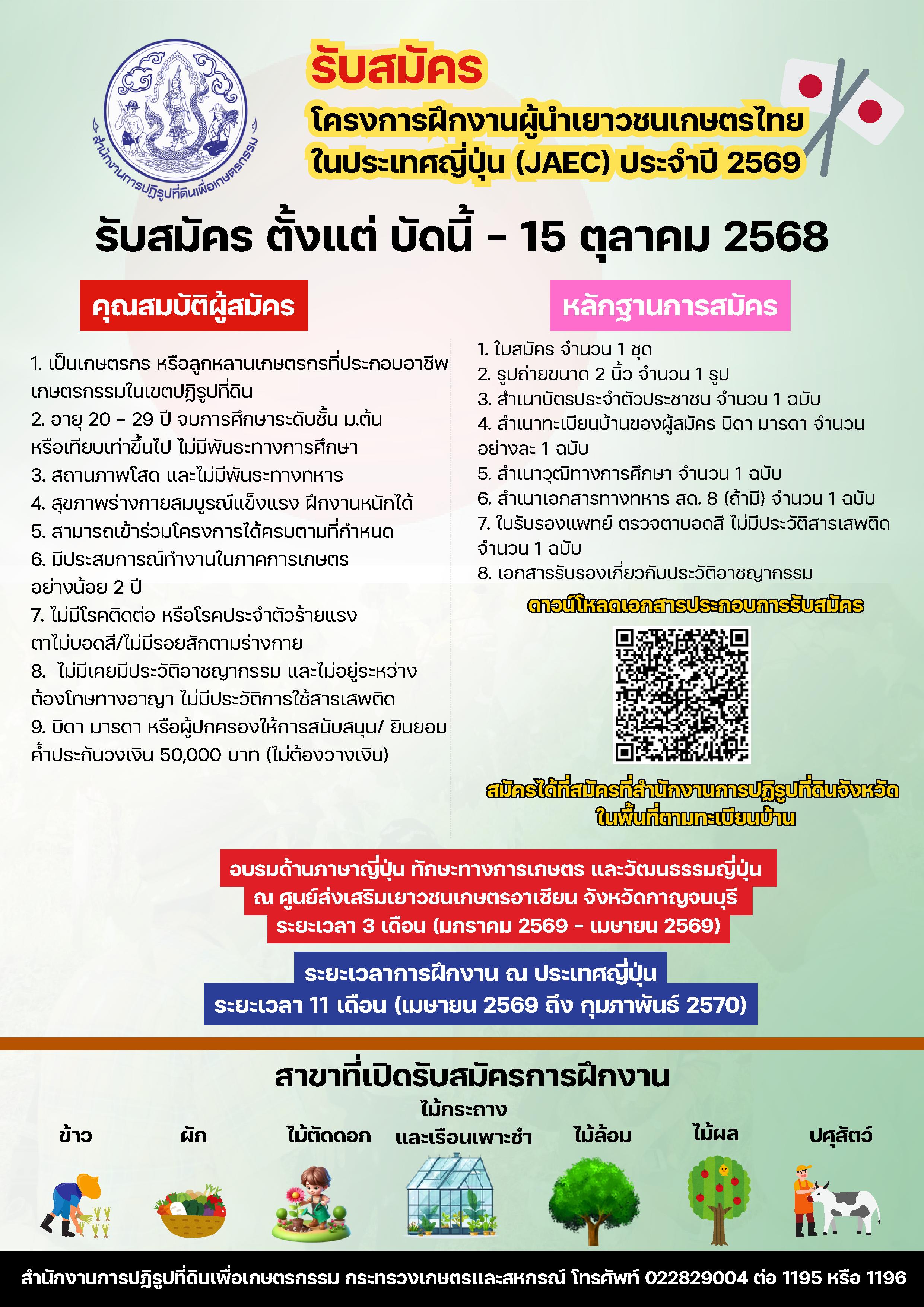 ประชาสัมพันธ์รับสมัครเยาวชนเกษตรในเขตปฏิรูปที่ดินเข้าร่วมโครงการฝึกงานผู้นำเยาวชนเกษตรไทยในประเทศญี่ปุ่นประจำปีงบประมาณ พ.ศ. 2569