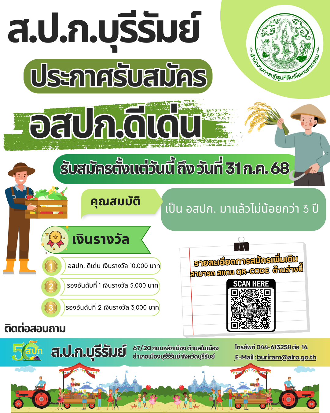ส.ป.ก.บุรีรัมย์ ประกาศรับสมัครอาสาสมัครปฏิรูปที่ดินเพื่อเกษตรกรรม (อสปก.) ดีเด่น