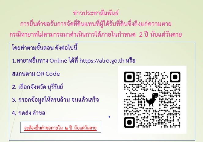 ข่าวประชาสัมพันธ์ การยื่นคำขอรับการจัดที่ดินแทนที่ผู้ได้รับที่ดินซึ่งถึงแก่ความตาย กรณีทายาทไม่สามารถมาดำเนินการได้ภายในกำหนด 2 ปี นับแต่วันตาย