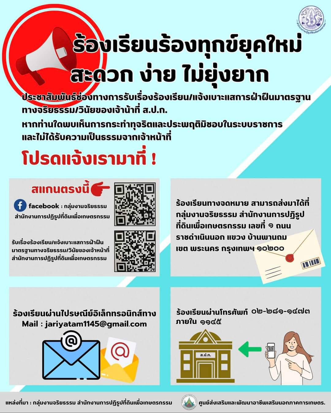 ประชาสัมพันธ์ช่องทางการรับเรื่องร้องเรียน/แจ้งเบาะแสการฝ่าฝืนมาตรฐานทางจริยธรรม/วินัยของเจ้าหน้าที่ ส.ป.ก
