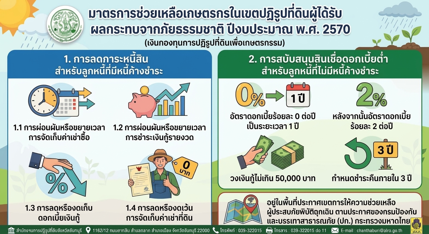 มาตรการช่วยเหลือเกษตรกรในเขตปฏิรูปที่ดิน ผู้ได้รับผลกระทบจากภัยธรรมชาติ ปีงบประมาณ พ.ศ. 2570 (เงินกองทุนการปฏิรูปที่ดินเพื่อเกษตรกรรม)
