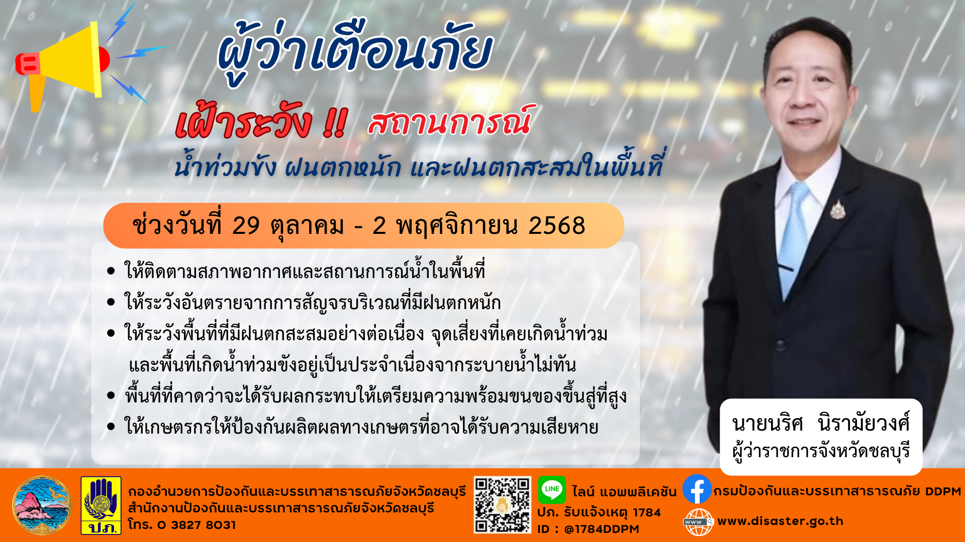 ผู้ว่าเตือนภัย เฝ้าระวังสถานการณ์ น้ำท่วมขัง ฝนตกหนัก และฝนตกสะสมในพื้นที่ 
