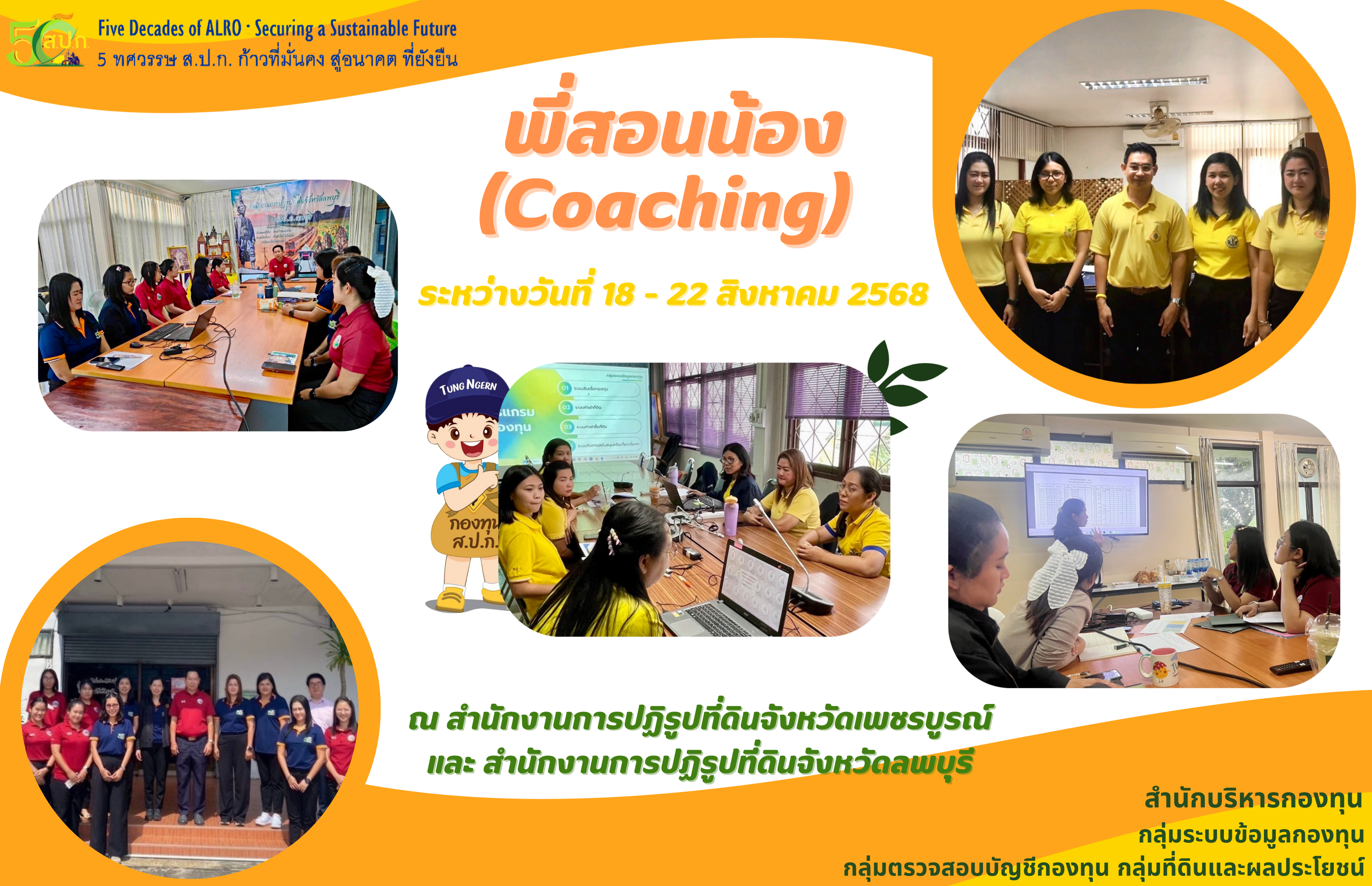 วันที่ 18 – 22 สิงหาคม 2568 เจ้าหน้าที่สำนักบริหารกองทุน (กลุ่มระบบข้อมูลกองทุน กลุ่มตรวจสอบบัญชีกองทุน และกลุ่มที่ดินและผลประโยชน์) ลงพื้นที่สำนักงานการปฏิรูปที่ดินจังหวัดเพชรบูรณ์ (ส.ป.ก.เพชรบูรณ์) และสำนักงานการปฏิรูปที่ดินจังหวัดลพบุรี(ส.ป.ก.ลพบุรี)