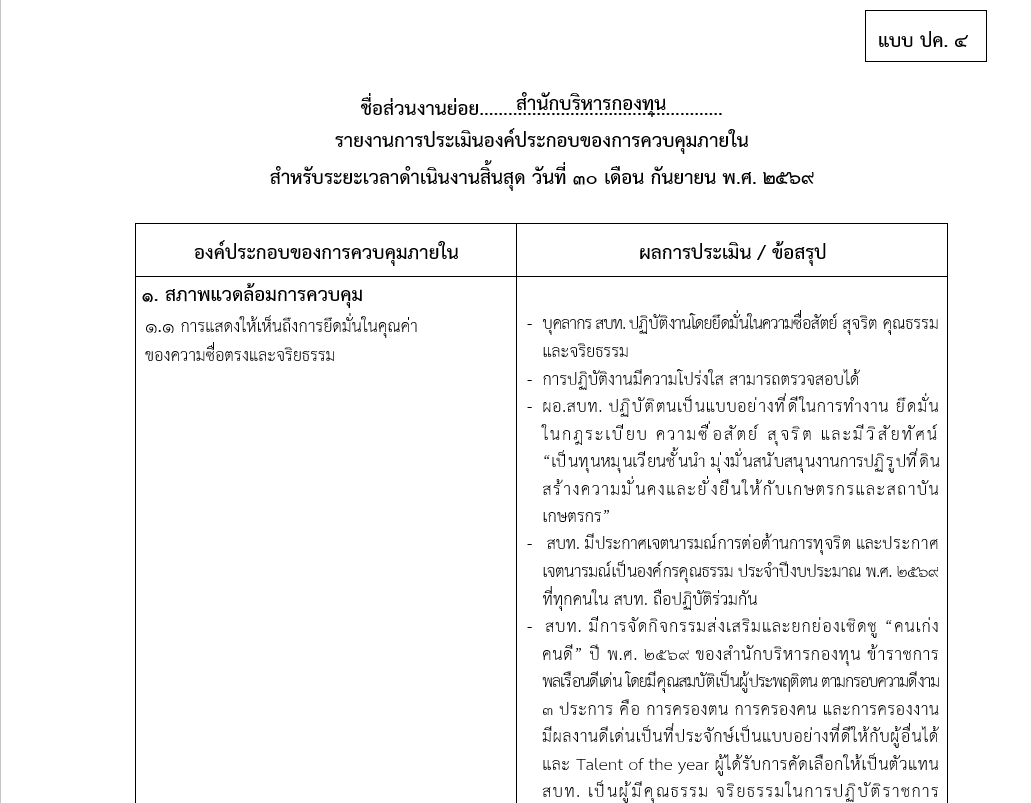 การควบคุมภายในของ สบท. ประจำปีงบประมาณ พ.ศ. 2569