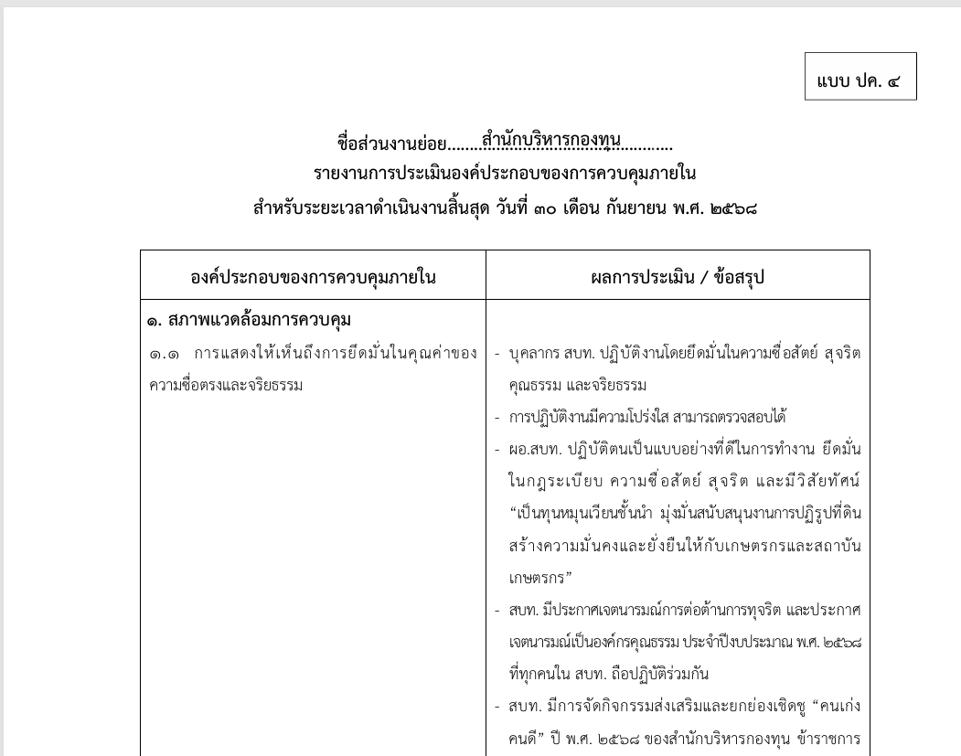 การควบคุมภายในของ สบท. ประจำปีงบประมาณ พ.ศ. 2568