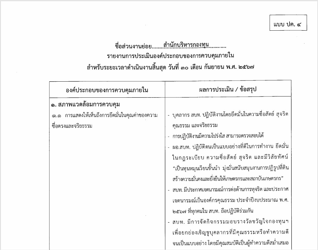 การควบคุมภายในของ สบท. ประจำปีงบประมาณ พ.ศ. 2567