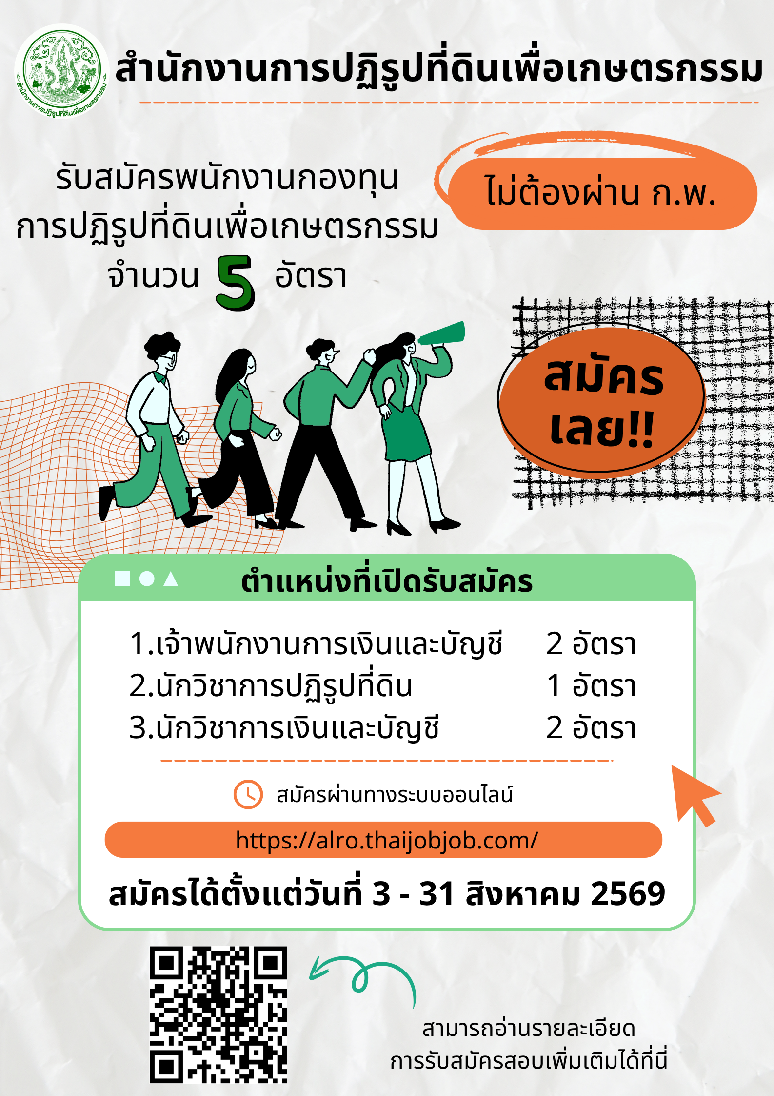  ประกาศสำนักงานการปฏิรูปที่ดินเพื่อเกษตรกรรม เรื่องรับสมัครบุคคลเข้่าเลือกสรรเป็นพนักงานกองทุนการปฏิรูปที่ดินเพื่อเกษตรกรรม สังกัดสำนักบริหารกองทุน (ข่าวแชร์)