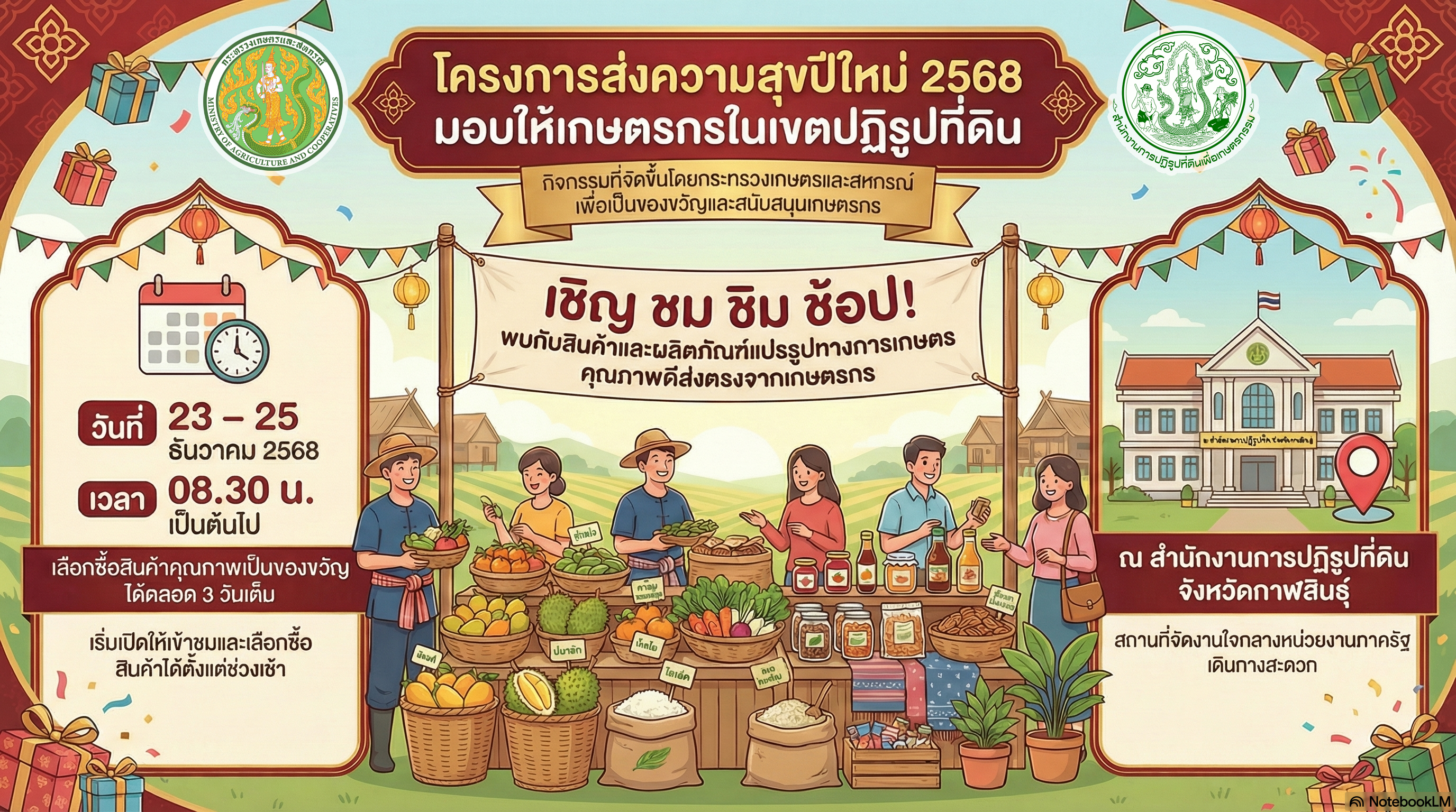 title - เชิญ ชม ชิม ช้อป! พบกับสินค้าและผลิตภัณฑ์แปรรูปทางการเกษตร คุณภาพดีส่งตรงจากเกษตรกร ระหว่างวันที่ 23-25 ธันวาคม 2568 ณ สำนักงานการปฏิรูปที่ดินจังหวัดกาฬสินธุ์