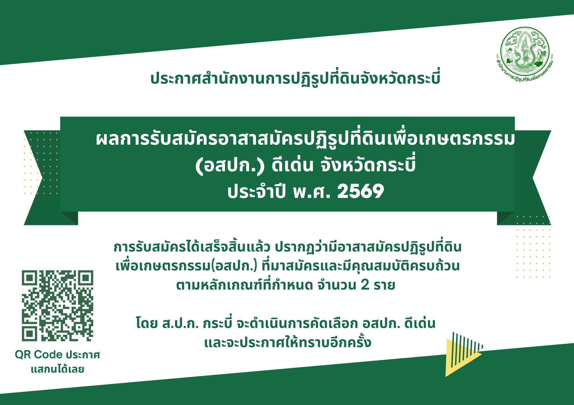 ประกาศสำนักงานการปฏิรูปที่ดินจังหวัดกระบี่ เรื่อง ผลการรับสมัครอาสาสมัครปฏิรูปที่ดินเพื่อเกษตรกรรม (อสปก.) ดีเด่น จังหวัดกระบี่ ของสำนักงานการปฏิรูปที่ดินเพื่อเกษตรกรรม ประจำปี พ.ศ. 2569