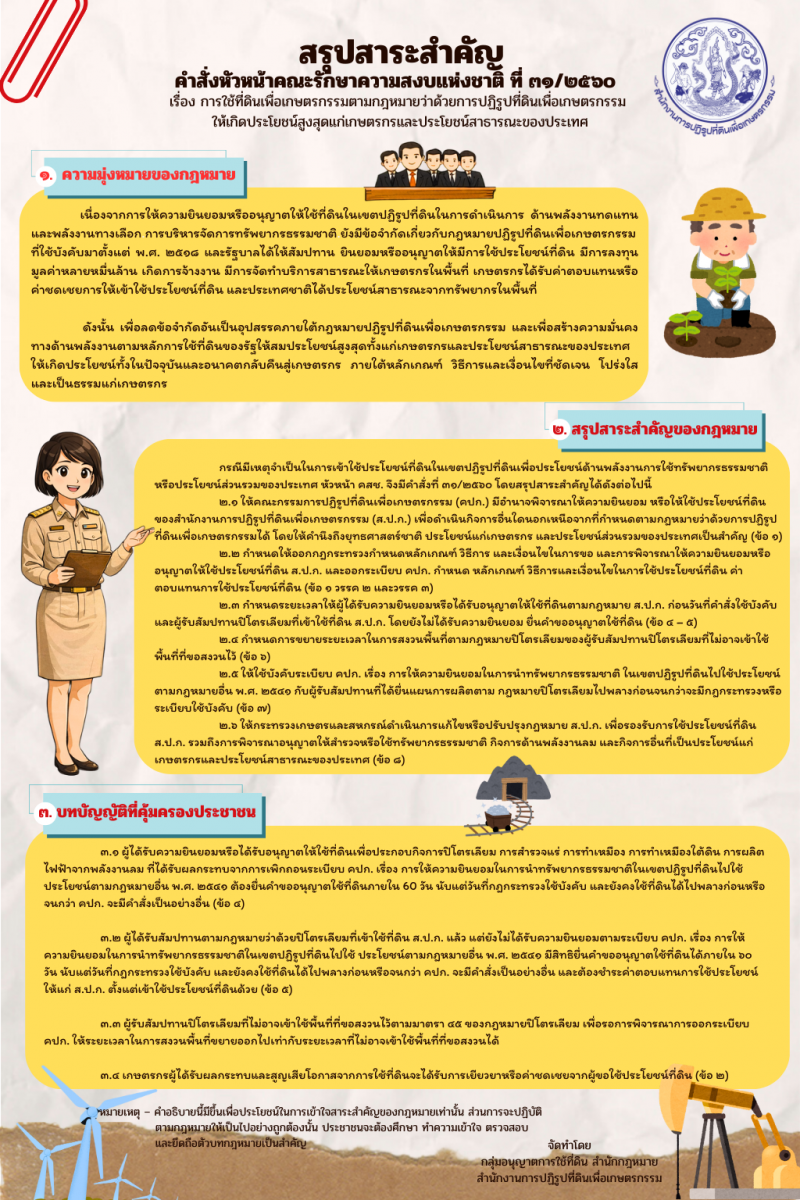 สรุปสาระสำคัญ คำสั่งหัวหน้าคณะรักษาความสงบแห่งชาติ ที่ 31/2560 เรื่อง การใช้ที่ดินเพื่อเกษตรกรรมตามกฎหมายว่าด้วยการปฏิรูปที่ดินเพื่อเกษตรกรรมให้เกิดประโยชน์สูงสุดแก่เกษตรกรและประโยชน์สาธารณะของประเทศ