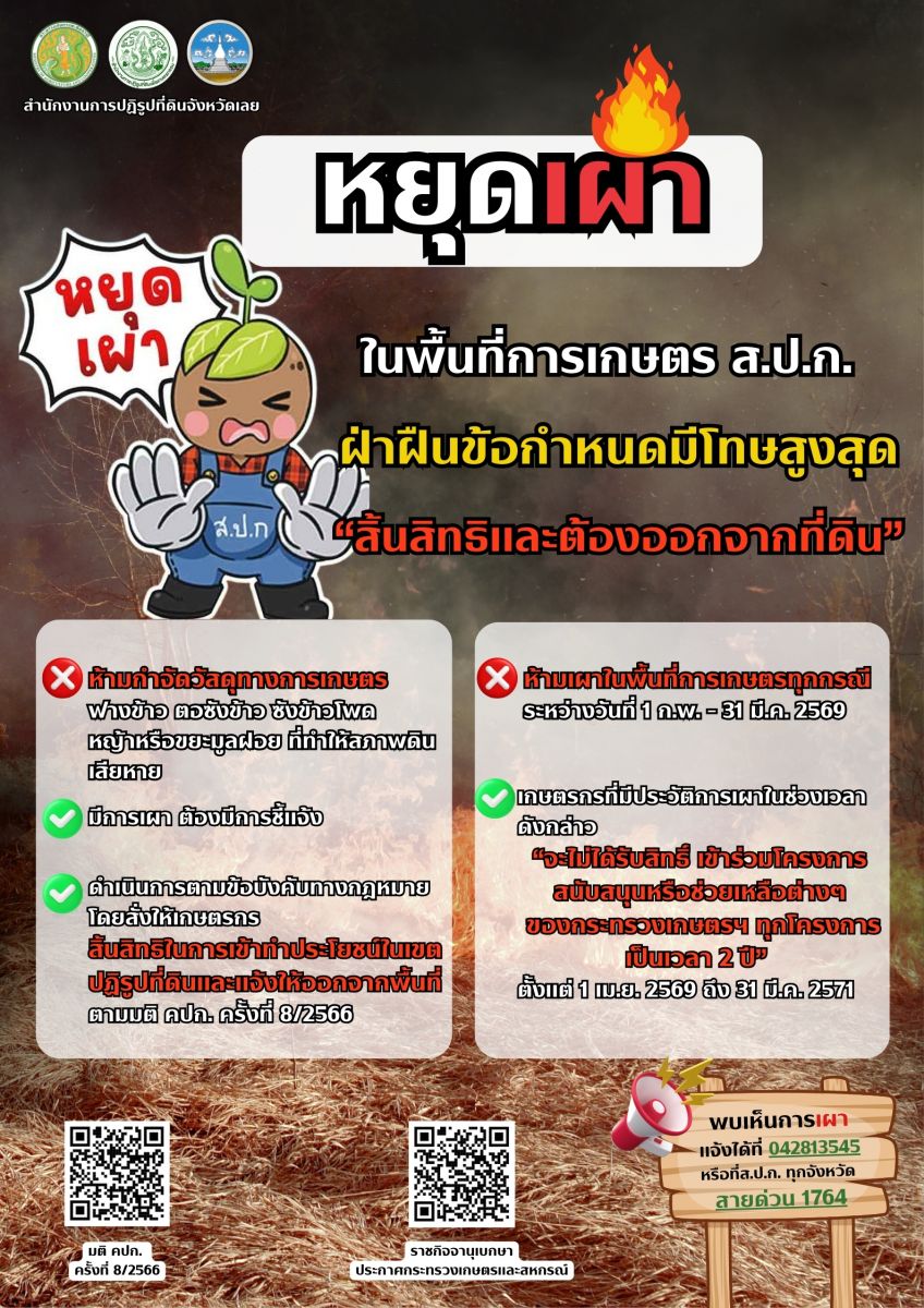 ประชาสัมพันธ์ หยุดเผาในพื้นที่การเกษตร ส.ป.ก.  ฝ่าฝืนข้อกำหนดมีโทษสูงสุด สิ้นสิทธิและต้องออกจากที่ดิน