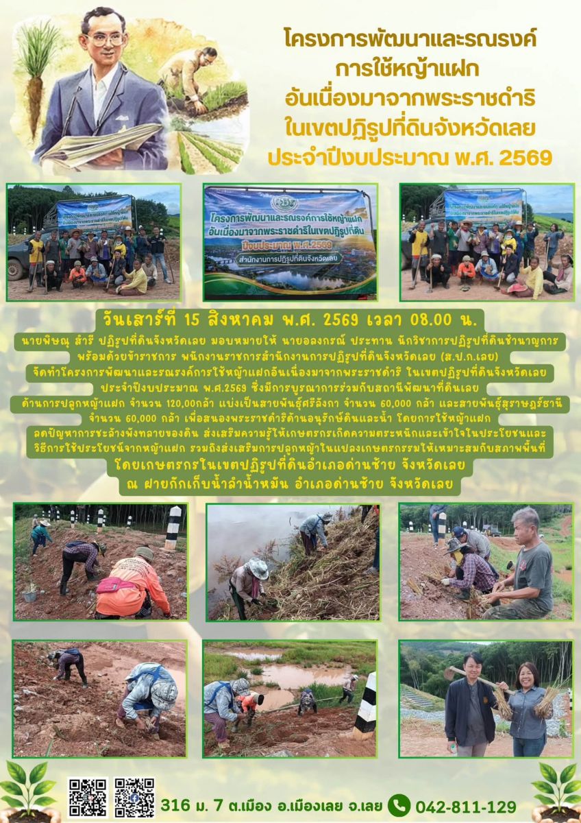 วันเสาร์ที่ 15 สิงหาคม พ.ศ. 2569 เวลา 08.00 น.  นายพิษณุ สำรี ปฏิรูปที่ดินจังหวัดเลย มอบหมายให้ นายอลงกรณ์ ประทาน นักวิชาการปฏิรูปที่ดินชำนาญการพร้อมด้วยข้าราชการ พนักงานราชการสำนักงานการปฏิรูปที่ดินจังหวัดเลย (ส.ป.ก.เลย) จัดทำโครงการพัฒนาและรณรงค์การใช้หญ้าแฝกอันเนื่องมาจากพระราชดำริ ในเขตปฏิรูปที่ดินจังหวัดเลยประจำปีงบประมาณ พ.ศ.2569 