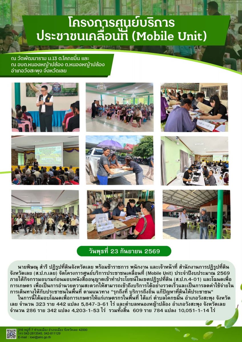 วันพุธที่ 23 กันยายน 2569  นายพิษณุ สำรี ปฏิรูปที่ดินจังหวัดเลย พร้อมข้าราชการ พนักงาน และเจ้าหน้าที่ สำนักงานการปฏิรูปที่ดินจังหวัดเลย (ส.ป.ก.เลย) จัดโครงการศูนย์บริการประชาชนเคลื่อนที่ (Mobile Unit) ประจำปีงบประมาณ 2569