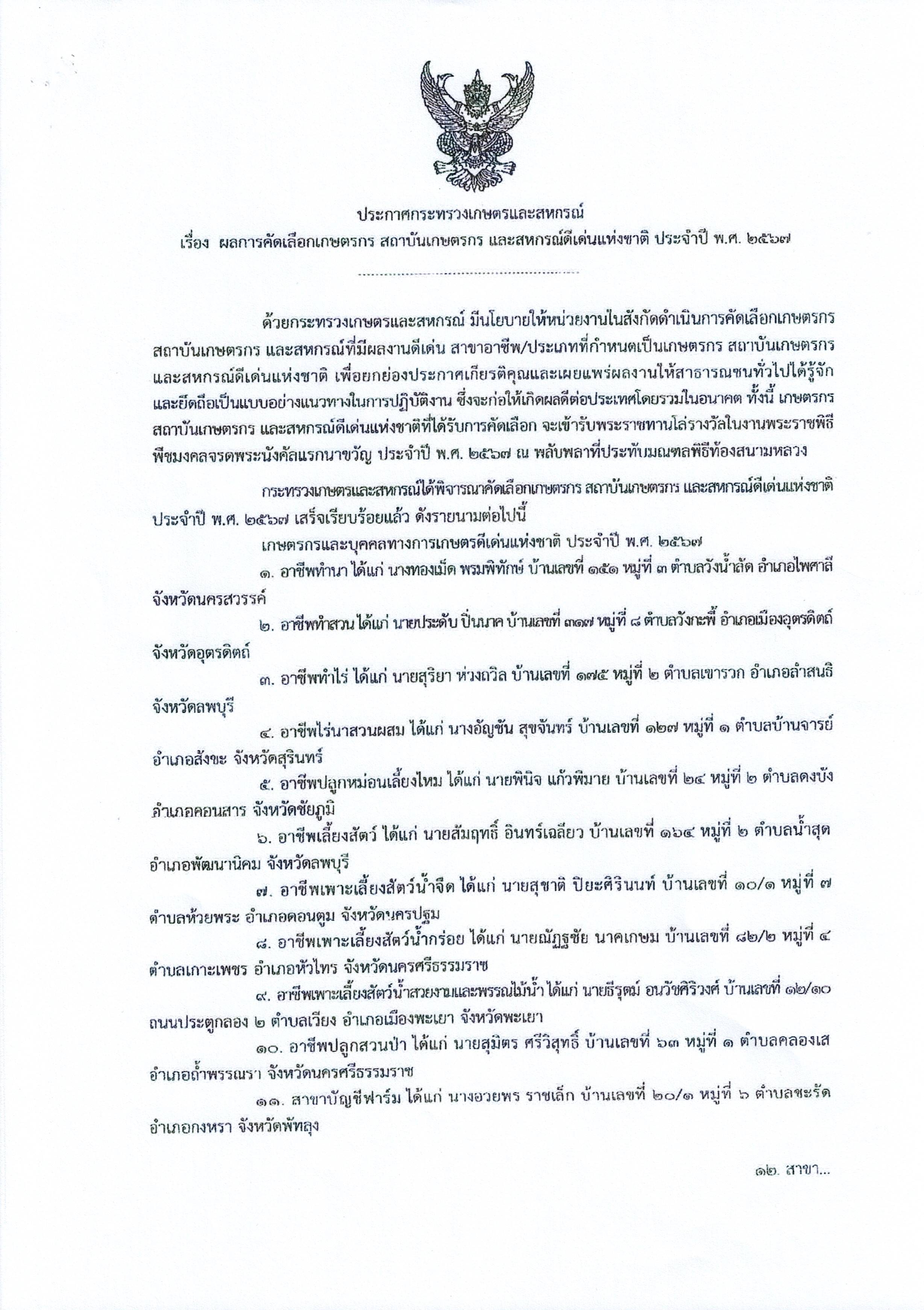 ประกาศกระทรวงเกษตรและสหกรณ์ เรื่อง ผลการคัดเลือกเกษตรกร สถาบันเกษตรกร และสหกรณ์ดีเด่นแห่งชาติ ประจำปี พ.ศ. 2567 (ข่าวแชร์)