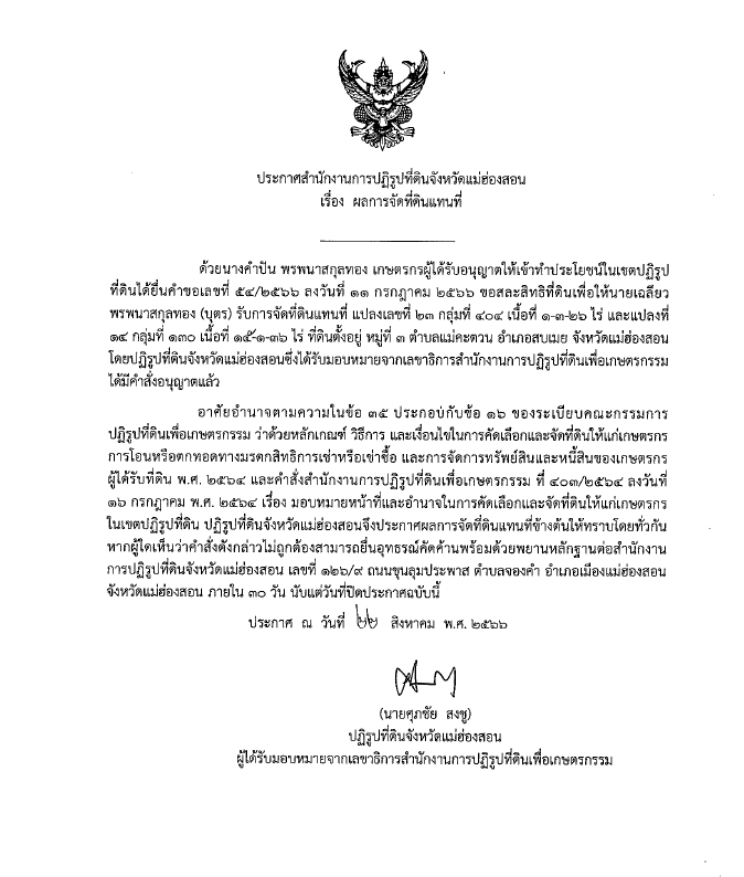 ประกาศสำนักงานการปฏิรูปที่ดินจังหวัดแม่ฮ่องสอน เรื่อง ผลการจัดที่ดินแทนที่