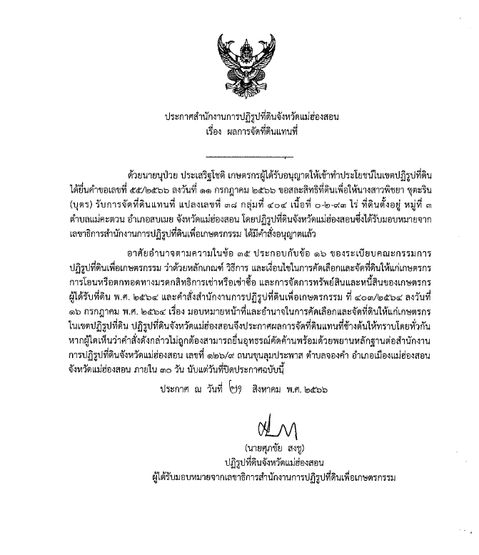 ประกาศสำนักงานการปฏิรูปที่ดินจังหวัดแม่ฮ่องสอน เรื่อง ผลการจัดที่ดินแทนที่