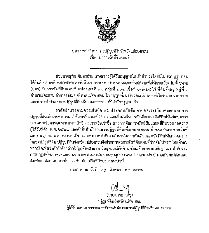 ประกาศสำนักงานการปฏิรูปที่ดินจังหวัดแม่ฮ่องสอน เรื่อง ผลการจัดที่ดินแทนที่