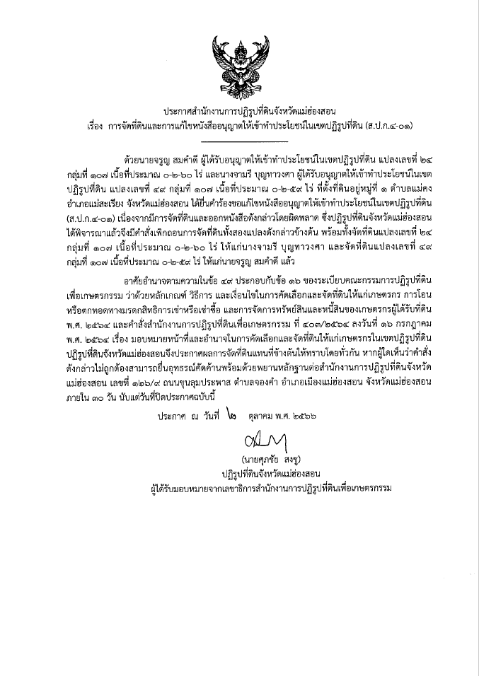 ประกาศสำนักงานการปฏิรูปที่ดินจังหวัดแม่ฮ่องสอน เรื่อง ผลการจัดที่ดินแทนที่