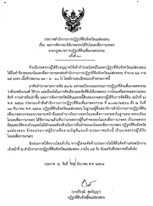 ประกาศสำนักงานการปฏิรูปที่ดินจังหวัดแม่ฮ่องสอน เรื่อง ผลการพิจารณาให้เกษตรกรได้รับโฉนดเพื่อการเกษตร ตามกฏหมายการปฏิรูปที่ดินเพื่อเกษตรกรรม ครั้งที่ 20
