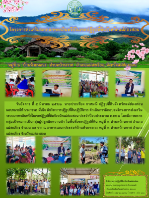 วันอังคาร ที่ 5 มีนาคม 2562  นายประเทือง กาศมณี ปฏิรูปที่ดินจังหวัดแม่ฮ่องสอน มอบหมายให้ นางกชพร มั่นใจ นักวิชาการปฏิรูปที่ดินปฏิบัติการ ดำเนินการฝึกอบรมโครงการส่งเสริมระบบเกษตรอินทรีย์ในเขตปฏิรูปที่ดินจังหวัดแม่ฮ่องสอน ประจำปีงบประมาณ 2562