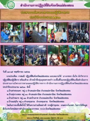วันที่ 13-15 พฤศจิกายน 2562 นายประเทือง  กาศมณี  ปฏิรูปที่ดินจังหวัดแม่ฮ่องสอน มอบหมายให้  นางกชพร มั่นใจ นักวิชาการปฏิรูปที่ดินปฏิบัติการ พร้อมด้วย เจ้าหน้าที่กลุ่มยุทธศาสตร์ฯ ลงพื้นที่ในเขตปฏิรูปที่ดิน ประสานงานโครงการตามแผนปฏิบัติราชการ ปีงบประมาณ 2563