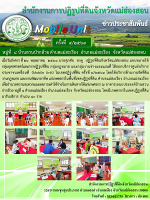 เมื่อวันอังคาร ที่ ๒๖ พฤษภาคม ๒๕๖๓ สำนักงานการการปฏิรูปที่ดินจังหวัดแม่ฮ่องสอน ได้ออกบริการศูนย์บริการประชาชนเคลื่อนที่  (Mobile Unit) ในเขตปฏิรูปที่ดิน ครั้งที่ ๔/๒๕๔๓ ณ อาคารเอนกประสงค์บ้านป่ากล้วย ม. ๘  ต.แม่สะเรียง อ.แม่สะเรียง จ.แม่ฮ่องสอน