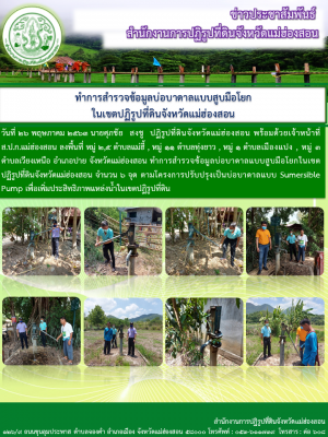 วันที่ ๒๖ พฤษภาคม ๑๕๖๓ นายศุภชัย  สงชู  ปฏิรูปที่ดินจังหวัดแม่ฮ่องสอน พร้อมด้วยเจ้าหน้าที่ ส.ป.ก.แม่ฮ่องสอนทำการสำรวจข้อมูลบ่อบาดาลแบบสูบมือโยกในเขตปฏิรูปที่ดินจังหวัดแม่ฮ่องสอน