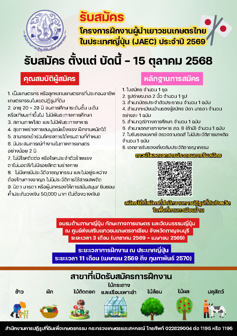ประชาสัมพันธ์รับสมัครเยาวชนเกษตรในเขตปฏิรูปที่ดินเข้าร่วมโครงการฝึกงานผู้นำเยาวชนเกษตรไทยในประเทศญี่ปุ่นประจำปีงบประมาณ พ.ศ. 2569 