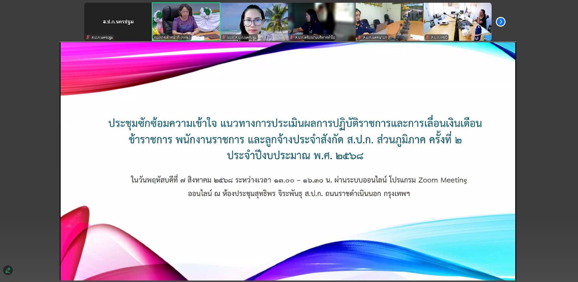 ร่วมประชุม ซักซ้อมความเข้าใจแนวทางการประเมินผลการปฏิบัติราชการและการเลื่อนเงินเดือน ข้าราชการ พนักงานราชการ และลูกจ้างประจำ สังกัด ส.ป.ก. ส่วนภูมิภาค ครั้งที่ 2 ประจำปีงบประมาณ พ.ศ. 2568