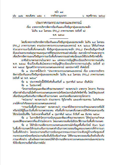 ประกาศกระทรวงเกษตรและสหกรณ์  เรื่อง มาตรการบริหารจัดการป้องกันและแก้ไขปัญหาฝุ่นละอองขนาดเล็กไม่เกิน 2.5 ไมครอน (PM2.5) ภาคการเกษตร (ฉบับที่ 2) พ.ศ. 2568 