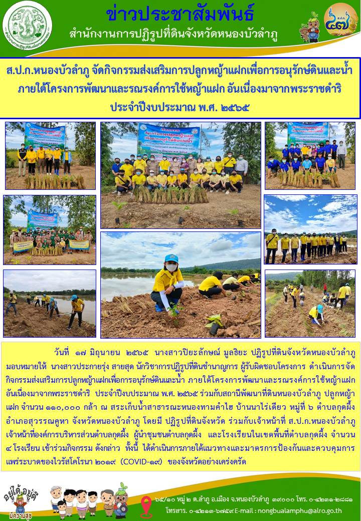 ส.ป.ก.หนองบัวลำภู จัดกิจกรรมส่งเสริมการปลูกหญ้าแฝกเพื่อการอนุรักษ์ดินและน้ำ ภายใต้โครงการพัฒนาและรณรงค์การใช้หญ้าแฝก อันเนื่องมาการพระราชดำริ ประจำปีงบประมาณ 2565