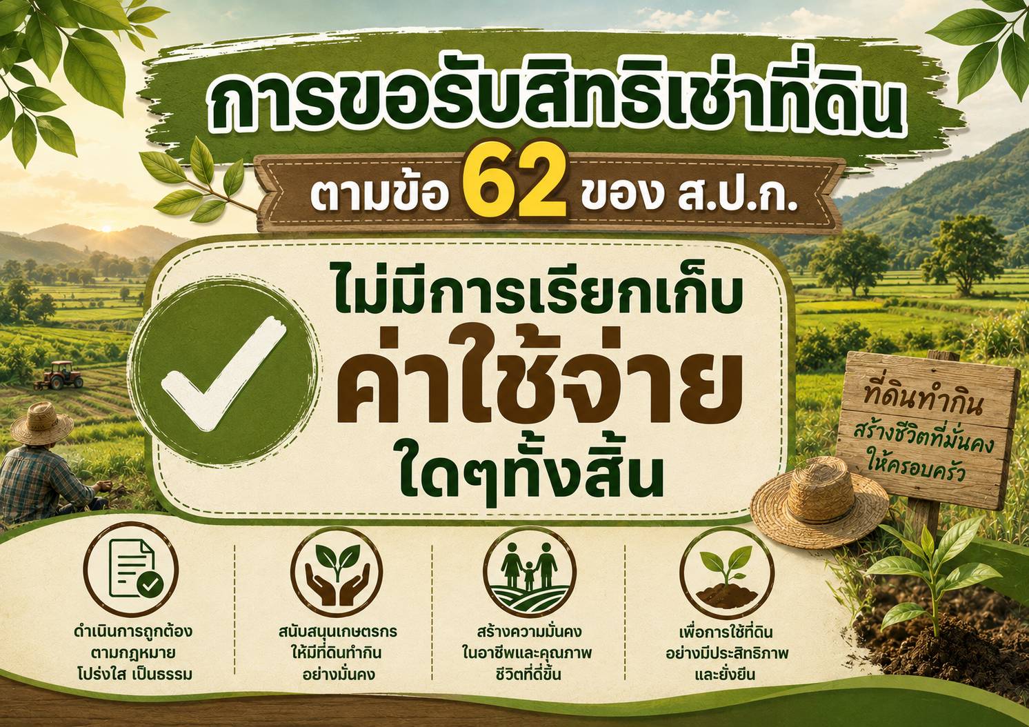 ประชาสัมพันธ์ การขอรับสิทธิเช่าที่ดินตามข้อ 62 ของ ส.ป.ก. ไม่มีการเรียกเก็บค่าใช้จ่ายใด ๆ ทั้งสิ้น