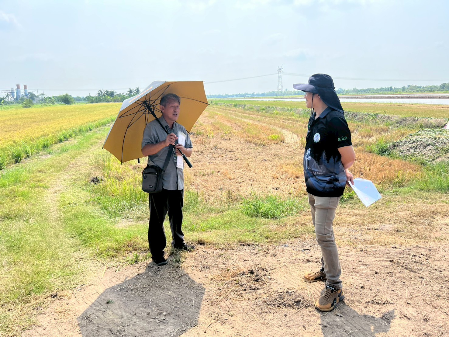 title - นายจักรพงศ์ วรเสฏฐ์ฐากูร นายช่างสำรวจอาวุโส และผู้ช่วยนายช่างสำรวจ ระวังชี้แนวเขตที่ดิน  ร่วมกับช่างรังวัด สำนักงานที่ดินจังหวัดปทุมธานี สาขาธัญบุรี และเจ้าของแปลงที่ดิน