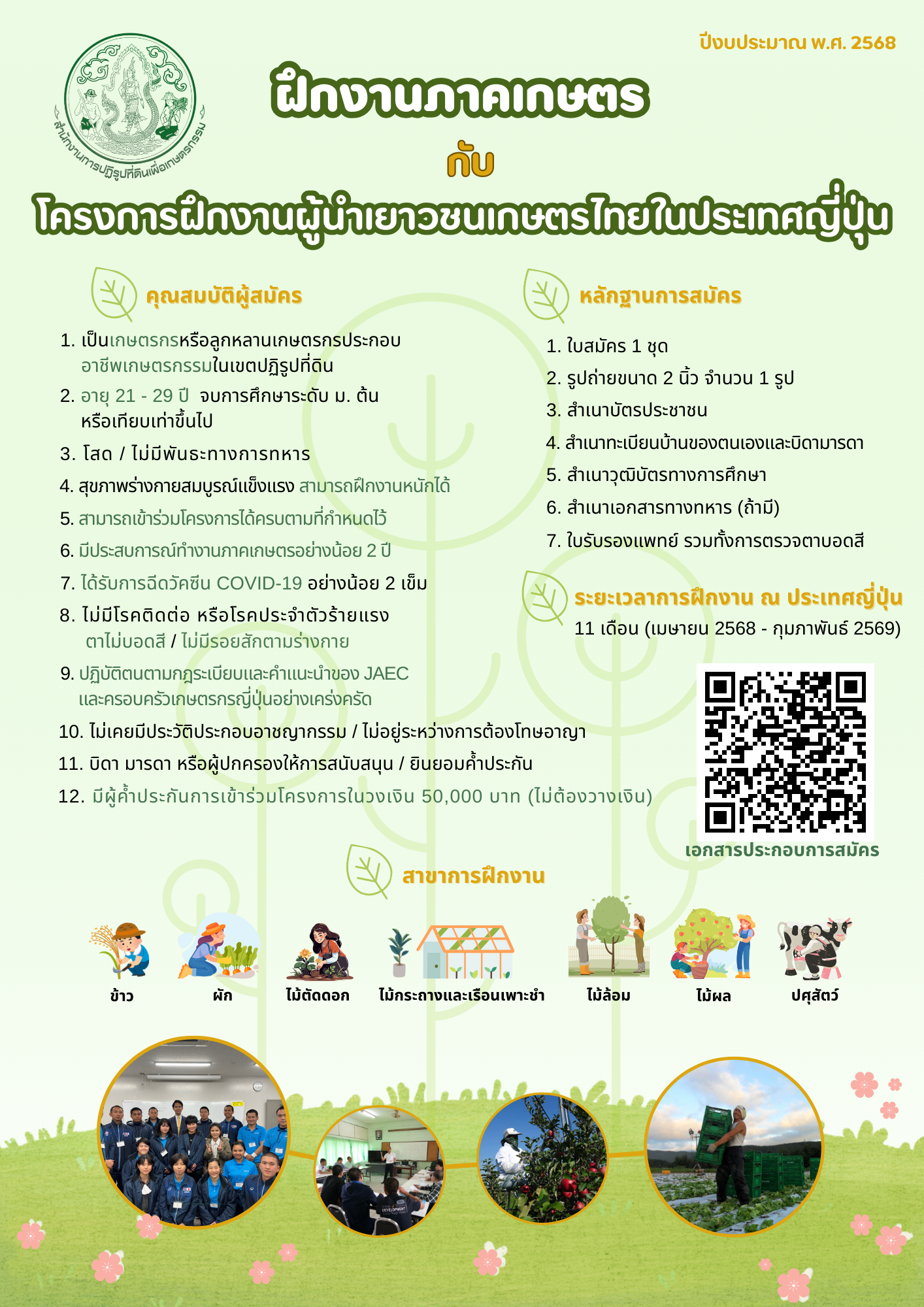 ประชาสัมพันธ์รับสมัครเยาวชนเกษตรในเขตปฏิรูปที่ดินเข้าร่วมโครงการฝึกงานผู้นำเยาวชนเกษตรไทย ในประเทศญี่ปุ่นประจำปีงบประมาณ พ.ศ. 2568