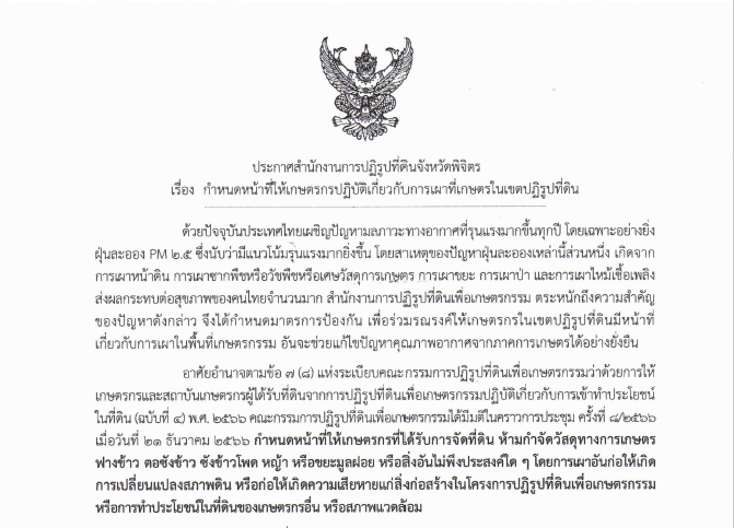 กำหนดหน้าที่ให้เกษตรกรปฏิบัติเกี่ยวกับการเผาที่เกษตรในเขตปฏิรูปที่ดิน
