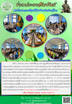 วันที่ 17 สิงหาคม 2563 นายศักดิ์ศิริ ธูปวงศ์ ปฏิรูปที่ดินจังหวัดพิษณุโลก มอบหมายให้                กลุ่มยุทธศาสตร์ฯ กลุ่มกฎหมาย และกลุ่มงานช่างฯ จัดประชุมคณะอนุกรรมการปฏิรูปที่ดินอำเภอวังทอง ณ ห้องประชุมที่ว่าการอำเภอวังทอง จังหวัดพิษณุโลก