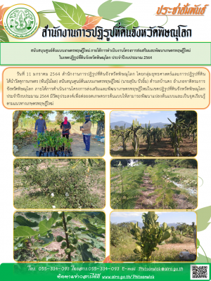 วันที่ 11 มกราคม 2564 สำนักงานการปฏิรูปที่ดินจังหวัดพิษณุโลก โดยกลุ่มยุทธศาสตร์และการปฏิรูปที่ดิน             ได้นำวัสดุการเกษตร (พันธุ์ไม้ผล) สนับสนุนศูนย์ต้นแบบเกษตรทฤษฎีใหม่ (นายสุบิน บัวยิ้ม) ตำบลบ้านดง อำเภอชาติตระการ จังหวัดพิษณุโลก 