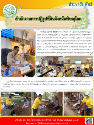 วันที่ 22 มีนาคม 2564 นายศักดิ์ศิริ ธูปวงศ์ ปฏิรูปที่ดินจังหวัดพิษณุโลก มอบหมายให้นางสาวปิยะนาฏ  เทียนแขก ผู้อำนวยการกลุ่มยุทธศาสตร์ฯ                และส.ต.ต.ฉลองชัย จันทร์ใจดี ผู้อำนวยการกลุ่มกฎหมาย จัดประชุมคณะอนุกรรมการกลั่นกรองการใช้ประโยชน์ในที่ดิน