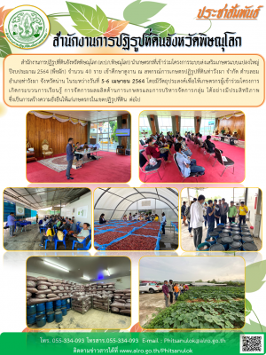 สำนักงานการปฏิรูปที่ดินจังหวัดพิษณุโลก (ส.ป.ก.พิษณุโลก) นำเกษตรกรที่เข้าร่วมโครงการระบบส่งเสริมเกษตรแบบแปลงใหญ่ ปีงบประมาณ 2564 (พืชผัก) จำนวน 40 ราย เข้าศึกษาดูงาน ณ สหกรณ์การเกษตรปฏิรูปที่ดินท่าวังผา จำกัด ตำบลยม อำเภอท่าวังผา จังหวัดน่าน