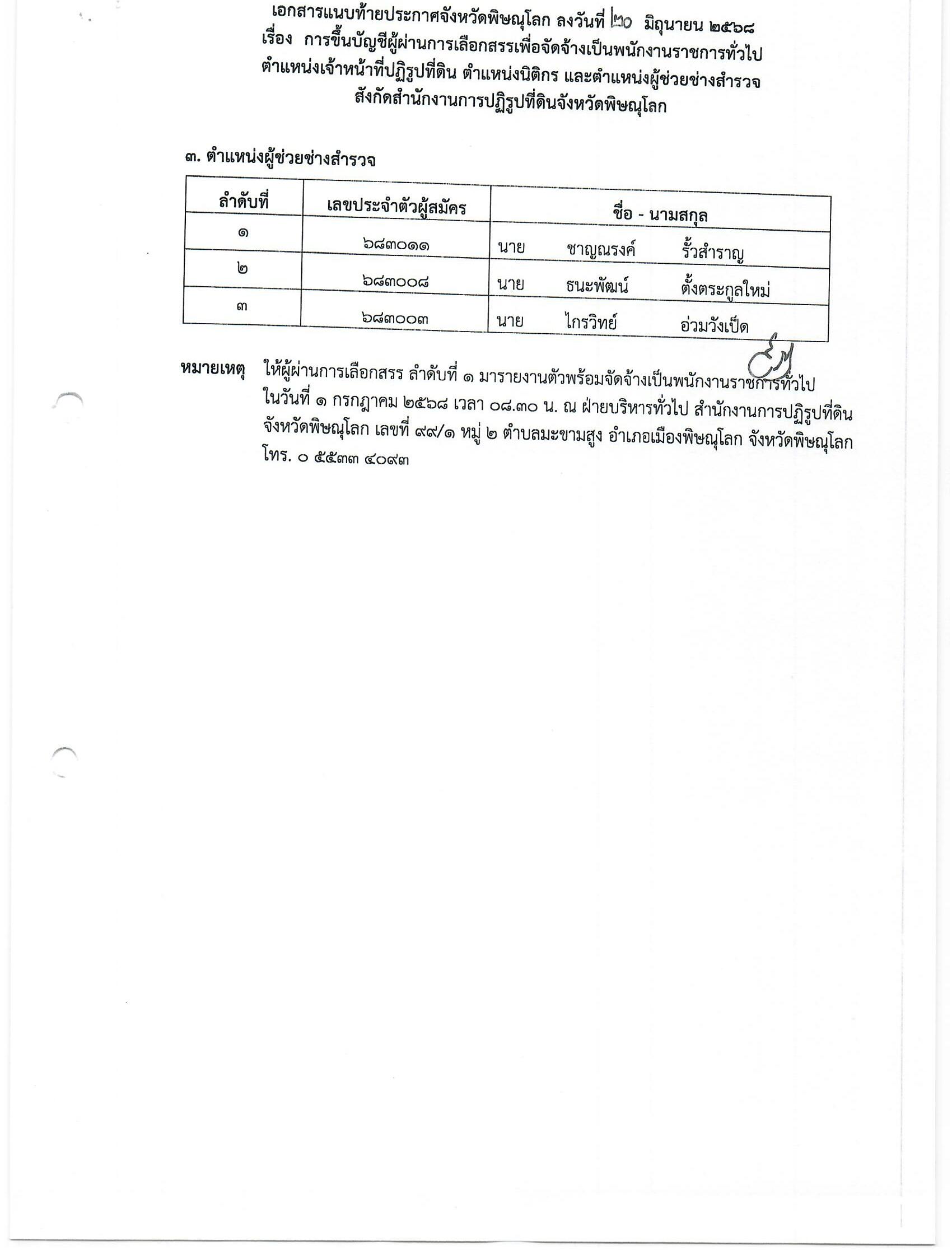 title - ประกาศจังหวัดพิษณุโลก เรื่อง การขึ้นบัญชีผู้ผ่านการเลือกเพื่อจัดจ้างเป็นพนักงานราชการทั่วไป ประกาศจังหวัดพิษณุโลก ตำแหน่งเจ้าหน้าที่ปฏิรูปที่ดิน ตำแหน่งนิติกร และตำแหน่งผู้ช่วยช่างสำรวจ สังกัดสำนักงานการปฏิรูปที่ดินจังหวัดพิษณุโลก