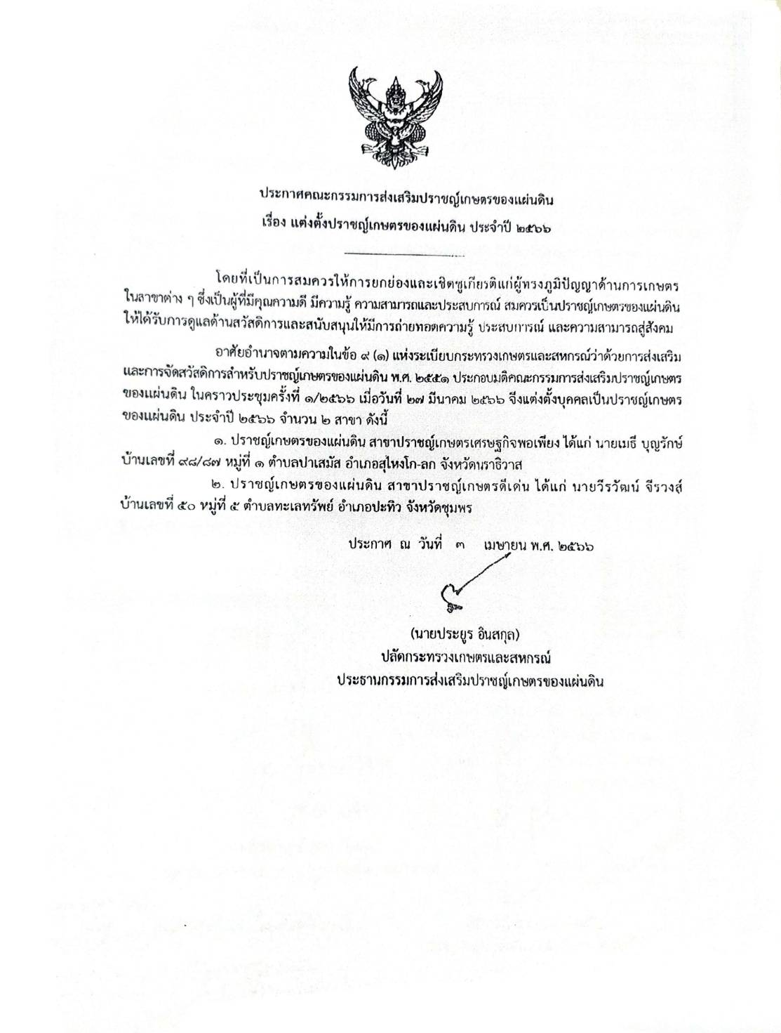 ประกาศผู้ได้รับแต่งตั้งให้เป็นปราชญ์เกษตรของแผ่นดินในสาขาปราชญ์เกษตรเศรษฐกิจพอเพียง และ สาขาปราชญ์เกษตรดีเด่น ประจำปี 2566